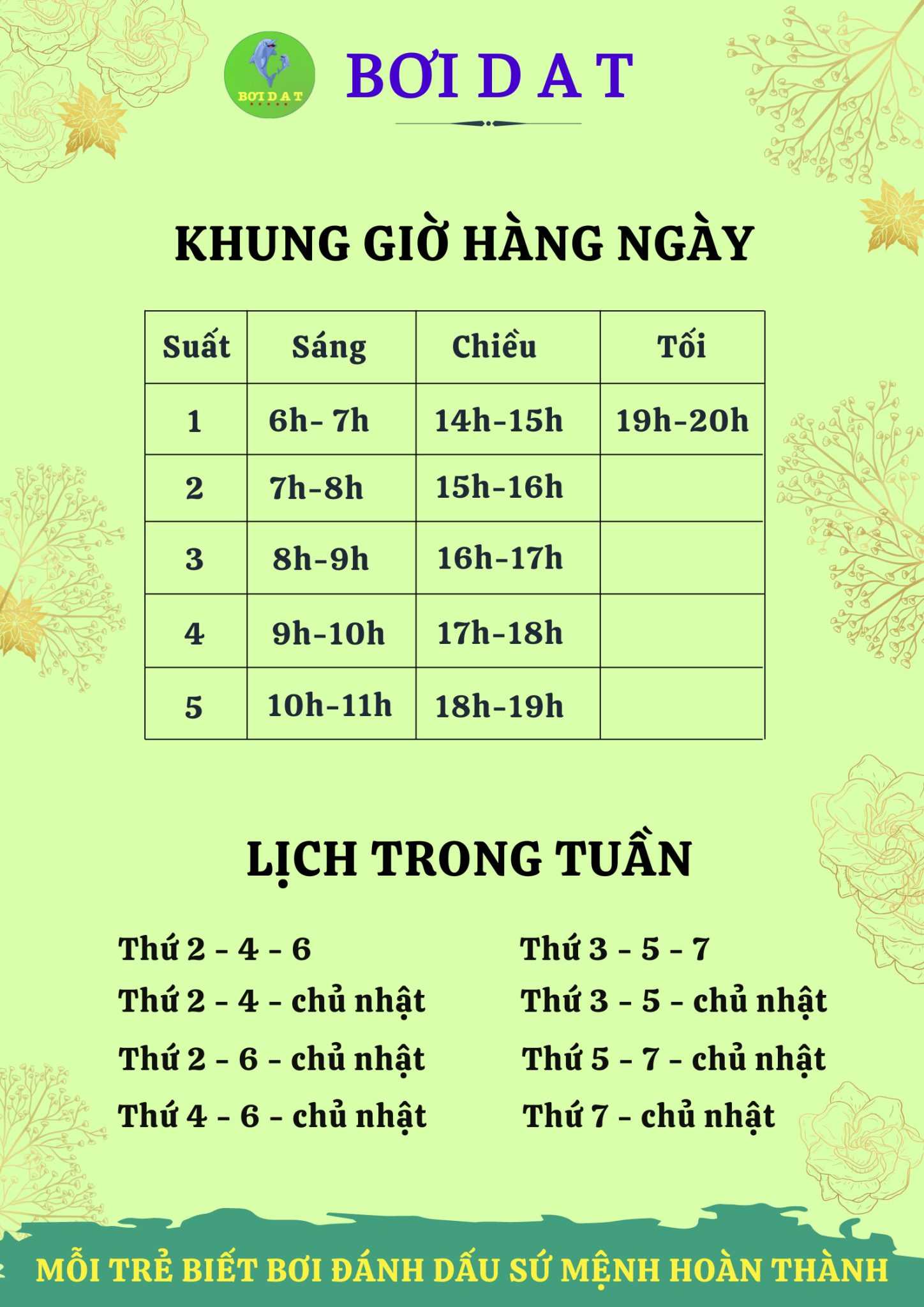 Lịch học bơi Bơi D A T